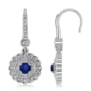 Diamond and Blue Sapphire Halo Drop Earrings 14K White Gold 1.60ct - All