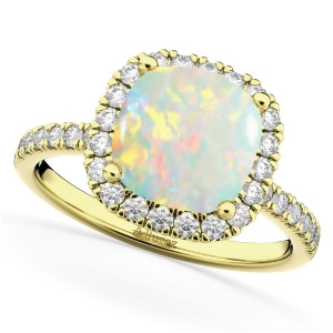 Cushion Cut Halo Opal and Diamond Engagement Ring 14k Yellow Gold 3.11ct - All