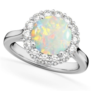 Halo Round Opal and Diamond Engagement Ring 14K White Gold 2.30ct - All