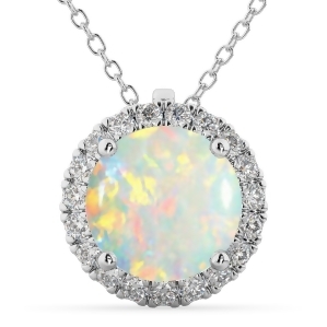 Halo Round Opal and Diamond Pendant Necklace 14k White Gold 2.09ct - All