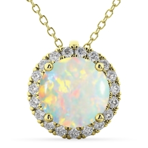 Halo Round Opal and Diamond Pendant Necklace 14k Yellow Gold 2.09ct - All