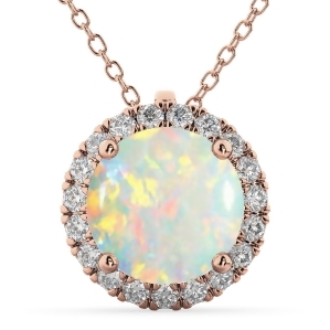 Halo Round Opal and Diamond Pendant Necklace 14k Rose Gold 2.09ct - All