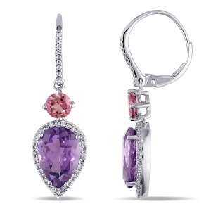 Pear Amethyst Pink Tourmaline and Diamond Earrings 14K White Gold 6.57ct - All