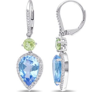 Pear Blue Topaz Peridot and Diamond Earrings 14K White Gold 8.79ct - All