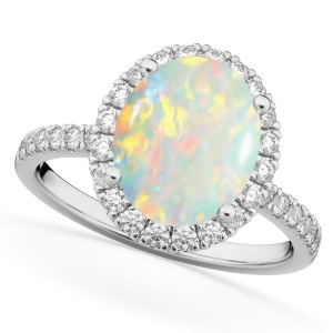 Oval Cut Halo Opal and Diamond Engagement Ring 14K White Gold 2.16ct - All