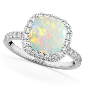 Cushion Cut Halo Opal and Diamond Engagement Ring 14k White Gold 3.11ct - All