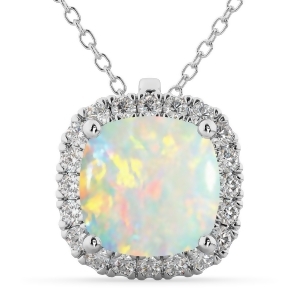 Halo Opal Cushion Cut Pendant Necklace 14k White Gold 2.02ct - All