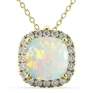 Halo Opal Cushion Cut Pendant Necklace 14k Yellow Gold 2.02ct - All