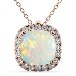 Halo Opal Cushion Cut Pendant Necklace 14k Rose Gold 2.02ct - All