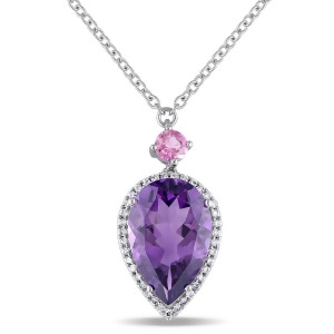 Pear Amethyst Pink Tourmaline and Diamond Necklace 14K White Gold 5.20ct - All