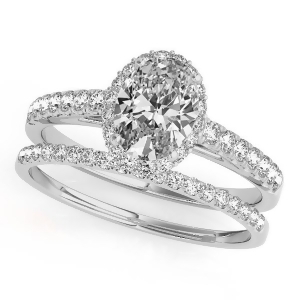 Diamond Accented Halo Oval Shape Bridal Set 14k White Gold 1.58ct - All