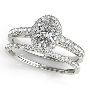 Diamond Accented Halo Oval Shaped Bridal Set Platinum 1.11ct - All