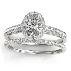 Diamond Accented Halo Oval Shaped Bridal Set Platinum 0.37ct - All