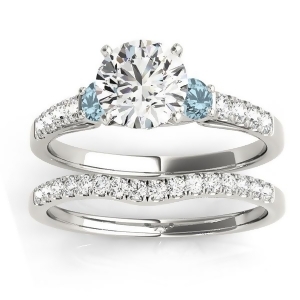 Diamond and Aquamarine Three Stone Bridal Set Ring Setting Palladium 0.55ct - All