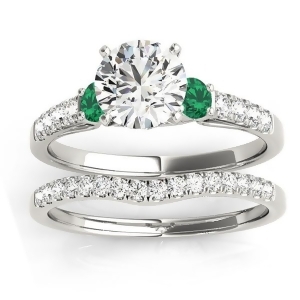 Diamond and Emerald Three Stone Bridal Set Ring 14k White Gold 0.55ct - All