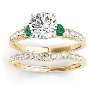Diamond and Emerald Three Stone Bridal Set Ring 14k Yellow Gold 0.55ct - All