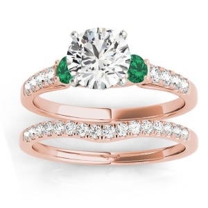 Diamond and Emerald Three Stone Bridal Set Ring 14k Rose Gold 0.55ct - All
