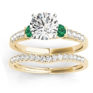 Diamond and Emerald Three Stone Bridal Set Ring 18k Yellow Gold 0.55ct - All