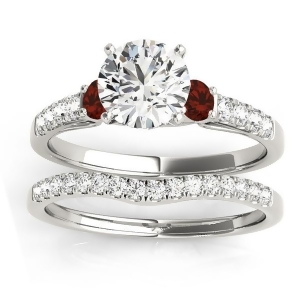 Diamond and Garnet Three Stone Bridal Set Ring 14k White Gold 0.55ct - All
