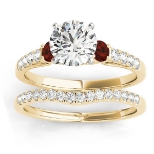 Diamond and Garnet Three Stone Bridal Set Ring 14k Yellow Gold 0.55ct - All