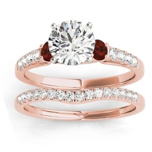 Diamond and Garnet Three Stone Bridal Set Ring 14k Rose Gold 0.55ct - All