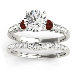 Diamond and Garnet Three Stone Bridal Set Ring 18k White Gold 0.55ct - All