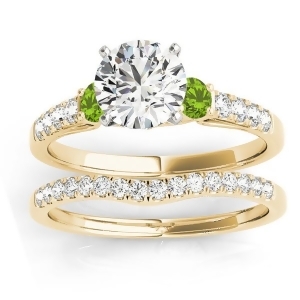 Diamond and Peridot Three Stone Bridal Set Ring 14k Yellow Gold 0.55ct - All