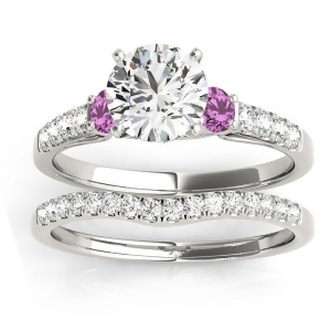 Diamond and Pink Sapphire Three Stone Bridal Set Ring 14k White Gold 0.55ct - All