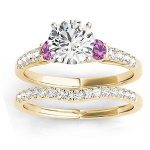 Diamond and Pink Sapphire Three Stone Bridal Set Ring 14k Yellow Gold 0.55ct - All