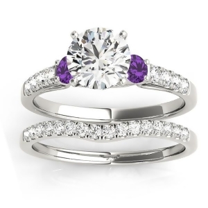 Diamond and Amethyst Three Stone Bridal Set Ring 14k White Gold 0.55ct - All