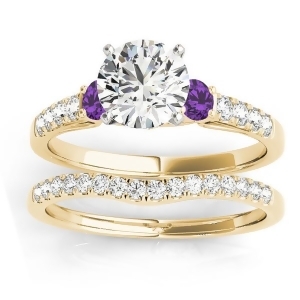 Diamond and Amethyst Three Stone Bridal Set Ring 14k Yellow Gold 0.55ct - All