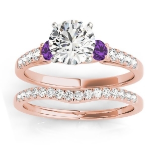 Diamond and Amethyst Three Stone Bridal Set Ring 18k Rose Gold 0.55ct - All