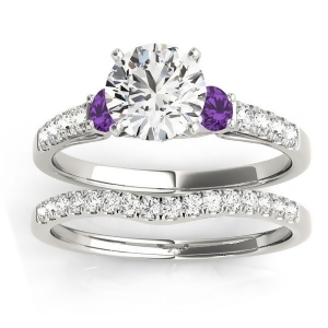 Diamond and Amethyst Three Stone Bridal Set Ring Setting Palladium 0.55ct - All