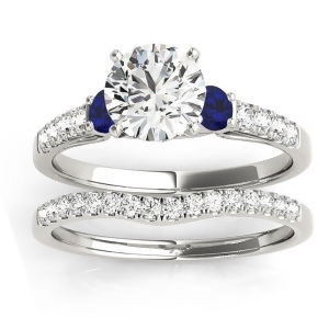 Diamond and Blue Sapphire Three Stone Bridal Set Ring 18k White Gold 0.55ct - All