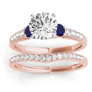 Diamond and Blue Sapphire Three Stone Bridal Set Ring 18k Rose Gold 0.55ct - All