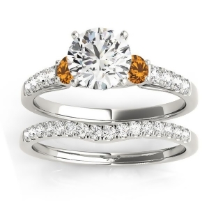 Diamond and Citrine Three Stone Bridal Set Ring 14k White Gold 0.55ct - All