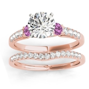 Diamond and Pink Sapphire Three Stone Bridal Set Ring 18k Rose Gold 0.55ct - All