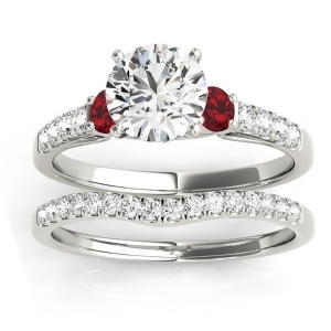Diamond and Ruby Three Stone Bridal Set Ring 14k White Gold 0.55ct - All