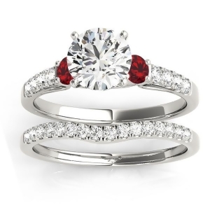 Diamond and Ruby Three Stone Bridal Set Ring 18k White Gold 0.55ct - All