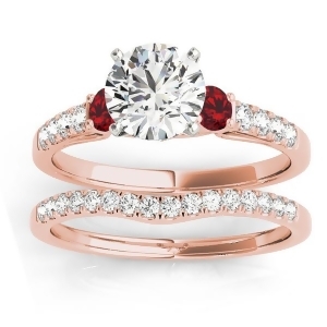 Diamond and Ruby Three Stone Bridal Set Ring 18k Rose Gold 0.55ct - All