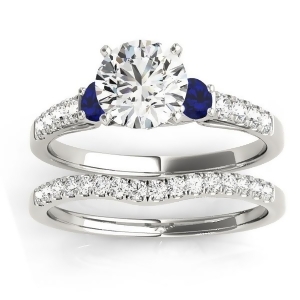 Diamond and Blue Sapphire Three Stone Bridal Set Ring 14k White Gold 0.55ct - All