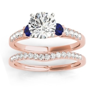 Diamond and Blue Sapphire Three Stone Bridal Set Ring 14k Rose Gold 0.55ct - All
