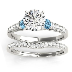 Diamond and Blue Topaz Three Stone Bridal Set Ring 14k White Gold 0.55ct - All