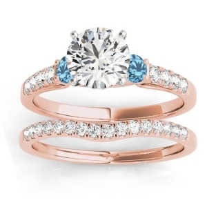 Diamond and Blue Topaz Three Stone Bridal Set Ring 14k Rose Gold 0.55ct - All
