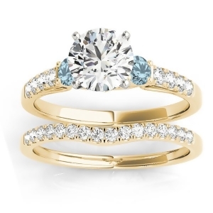 Diamond and Aquamarine Three Stone Bridal Set Ring 14k Yellow Gold 0.55ct - All