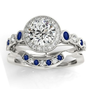 Blue Sapphire and Diamond Halo Bridal Set 14K White Gold 0.54ct - All