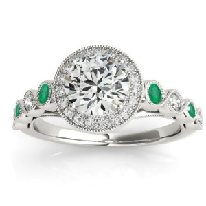 Emerald and Diamond Halo Engagement Ring 14K White Gold 0.36ct - All