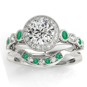 Emerald and Diamond Halo Bridal Set Setting 14K White Gold 0.54ct - All