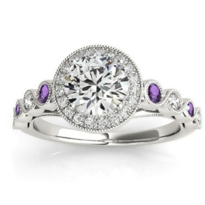 Amethyst and Diamond Halo Engagement Ring 14K White Gold 0.36ct - All