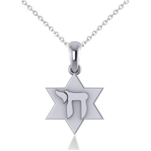 Jewish Star of David and Chai Pendant Necklace 14k White Gold - All